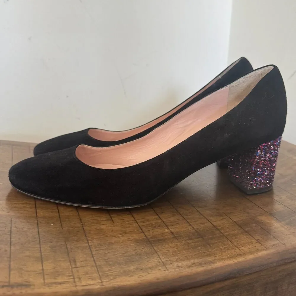 Kate Spade Made in Italy Black Suede Pumps Women's 10M Glitter Block Heels